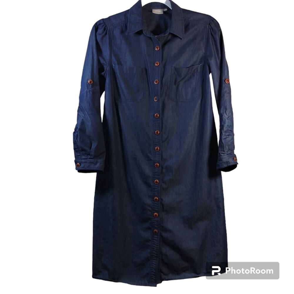 eShakti Blue Cotton Chambray Roll Tab Long Sleeve Shirt Dress Size S
